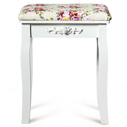 Vanity Wood Dressing Stool Padded Piano Seat with Rose Cushion-White
