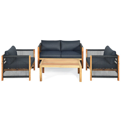4 Pieces Acacia Wood Outdoor Patio Furniture Set with Cushions