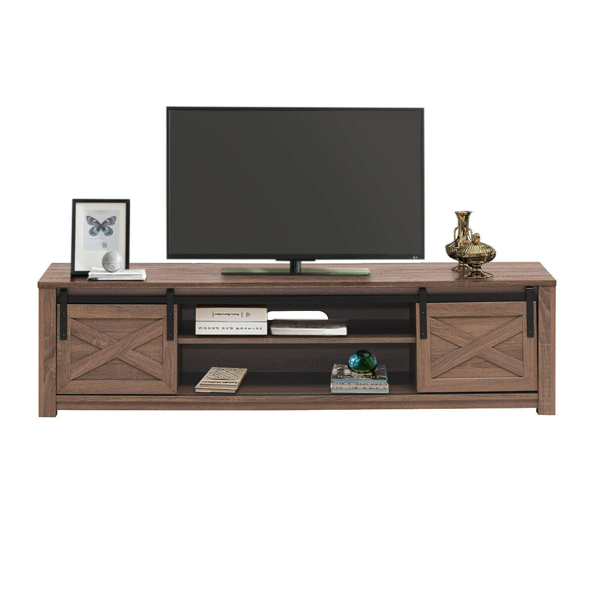 65 Inch Flat Sliding Barn Door TV Stand-Walnut
