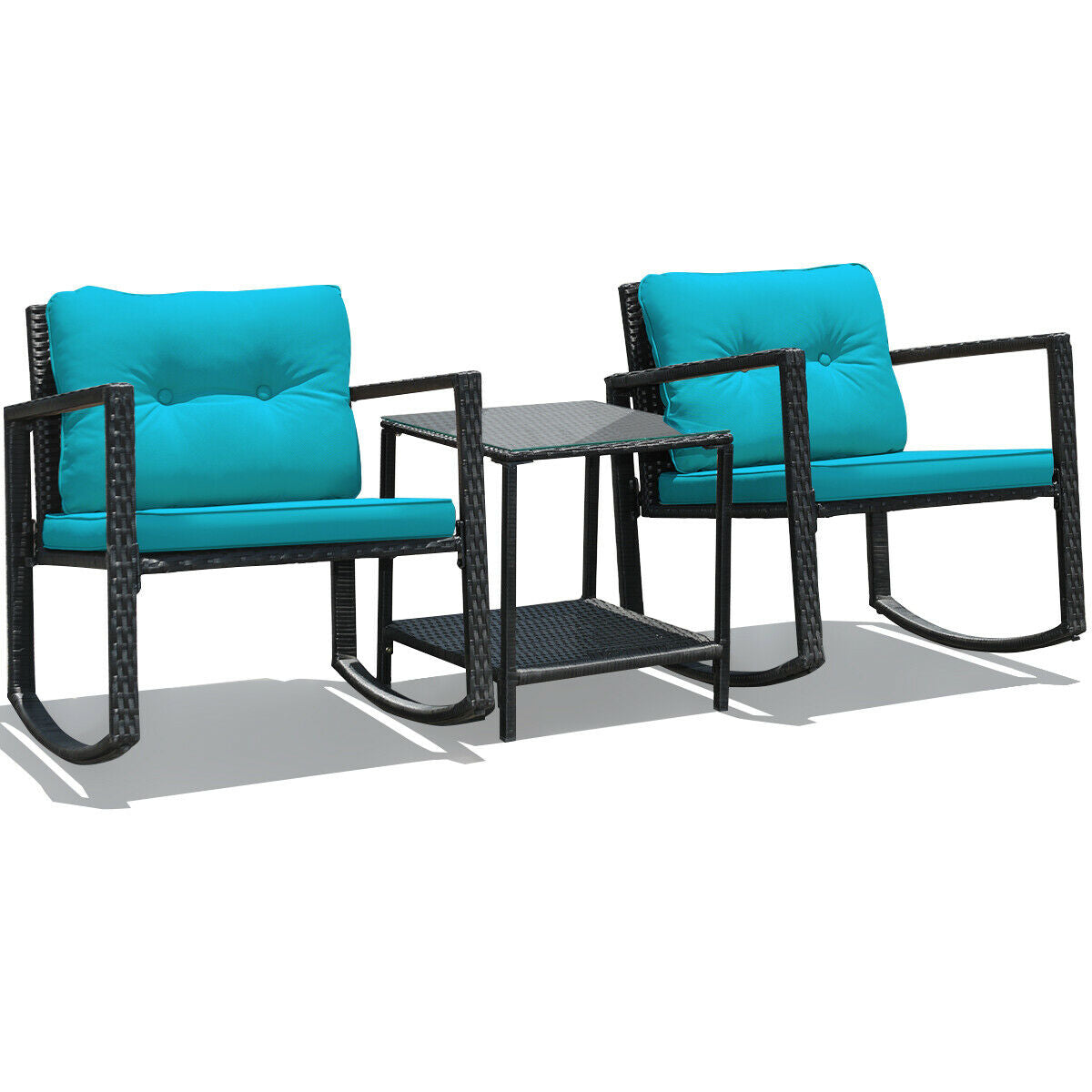 3 Pcs Patio Rattan Set Rocking Chair Cushioned Sofa Garden Furniture-Navy - Blue