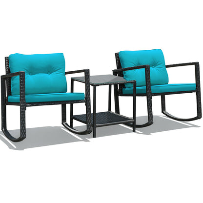 3 Pcs Patio Rattan Set Rocking Chair Cushioned Sofa Garden Furniture-Navy - Blue