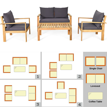 Outdoor 4 Pieces Acacia Wood Chat Set with Water Resistant Cushions