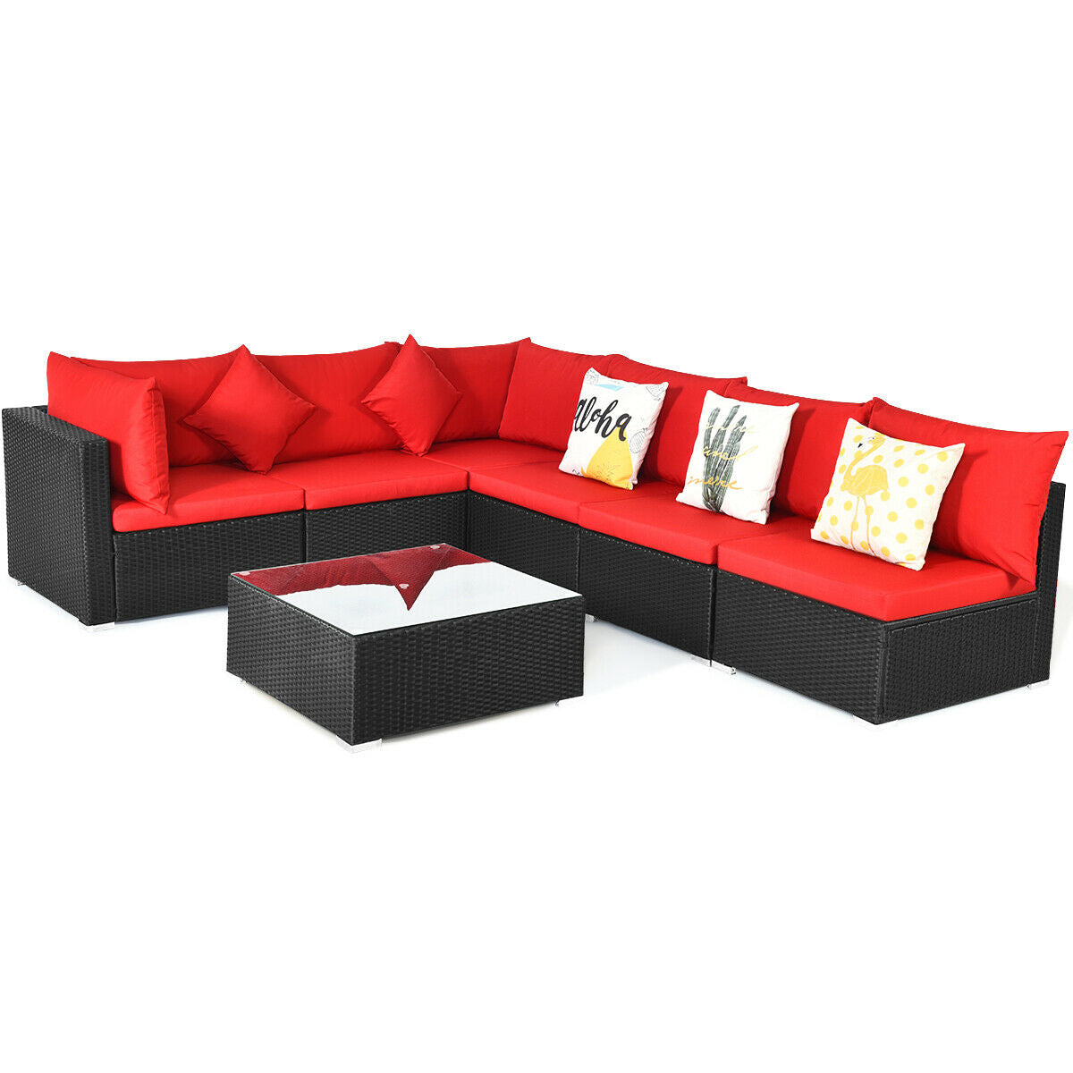 7 Pieces Sectional Wicker Furniture Sofa Set with Tempered Glass Top-Red - Red