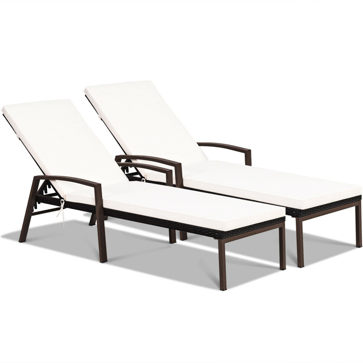 2 Pieces Patio Rattan Adjustable Back Lounge Chair with Armrest and Removable Cushions-White - White