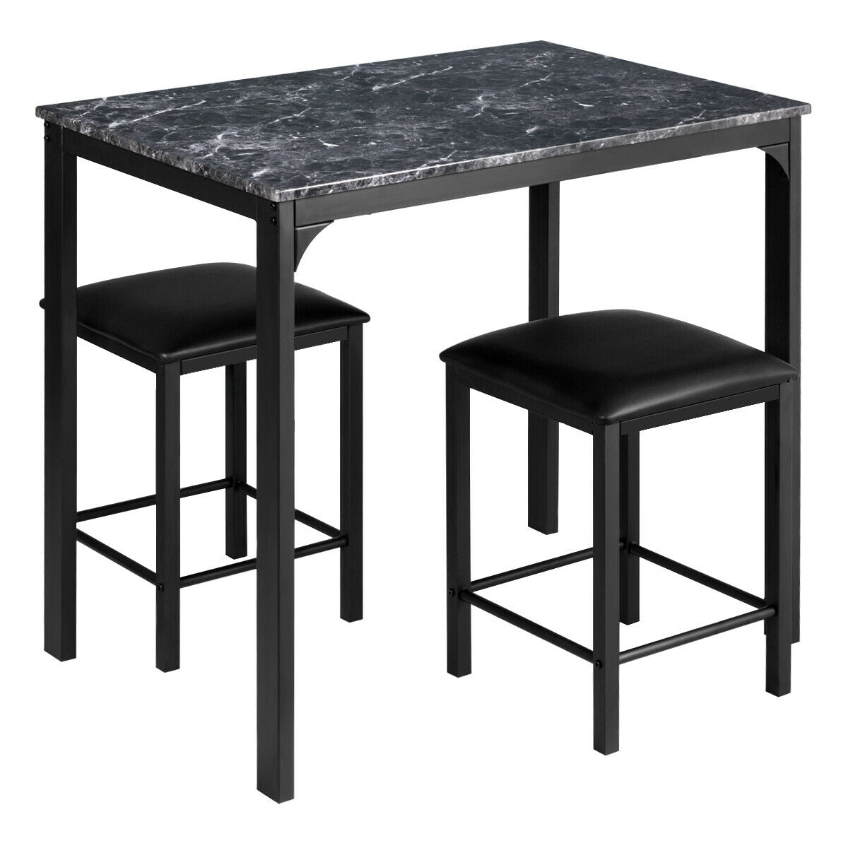 3 Piece Counter Height Dining Set Faux Marble Table-Black - Black
