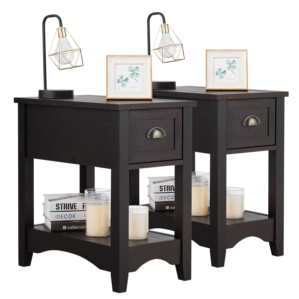 2 Pieces Retro Narrow Tiered End Table with Drawer and Storing Shelf-Brown - Brown