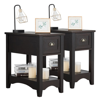 2 Pieces Retro Narrow Tiered End Table with Drawer and Storing Shelf-Brown - Brown