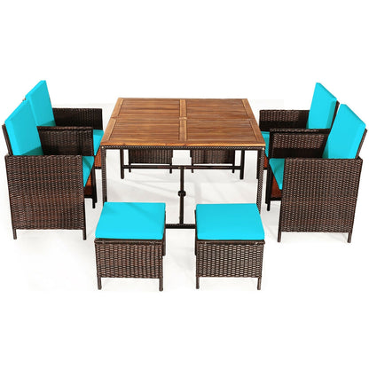 9 Pieces Patio Rattan Dining Cushioned Chairs Set-White - Turquoise