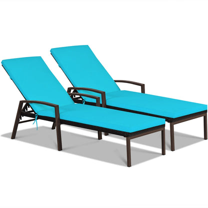 2 Pieces Patio Rattan Adjustable Back Lounge Chair with Armrest and Removable Cushions-White - Turquoise