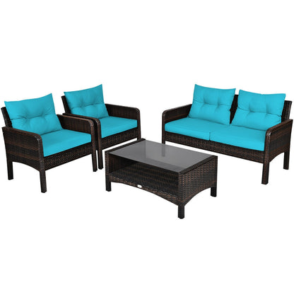 4 Pieces Patio Rattan Free Combination Sofa Set with Cushion and Coffee Table - Turquoise