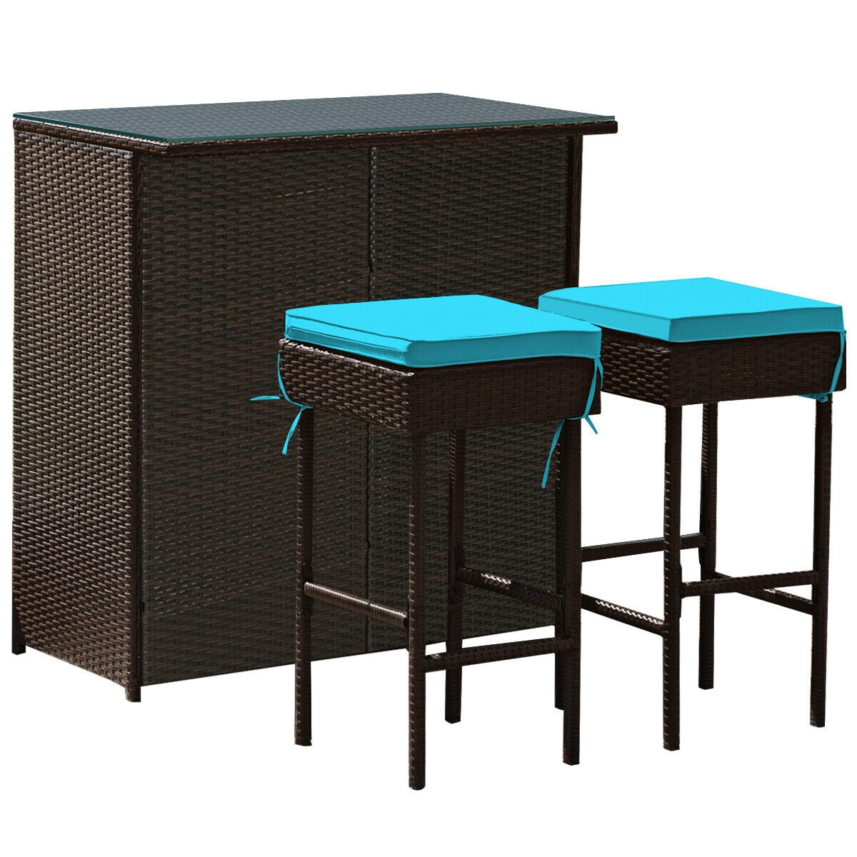 3PCS Patio Rattan Wicker Bar Table Stools Dining Set-Turquoise - Turquoise