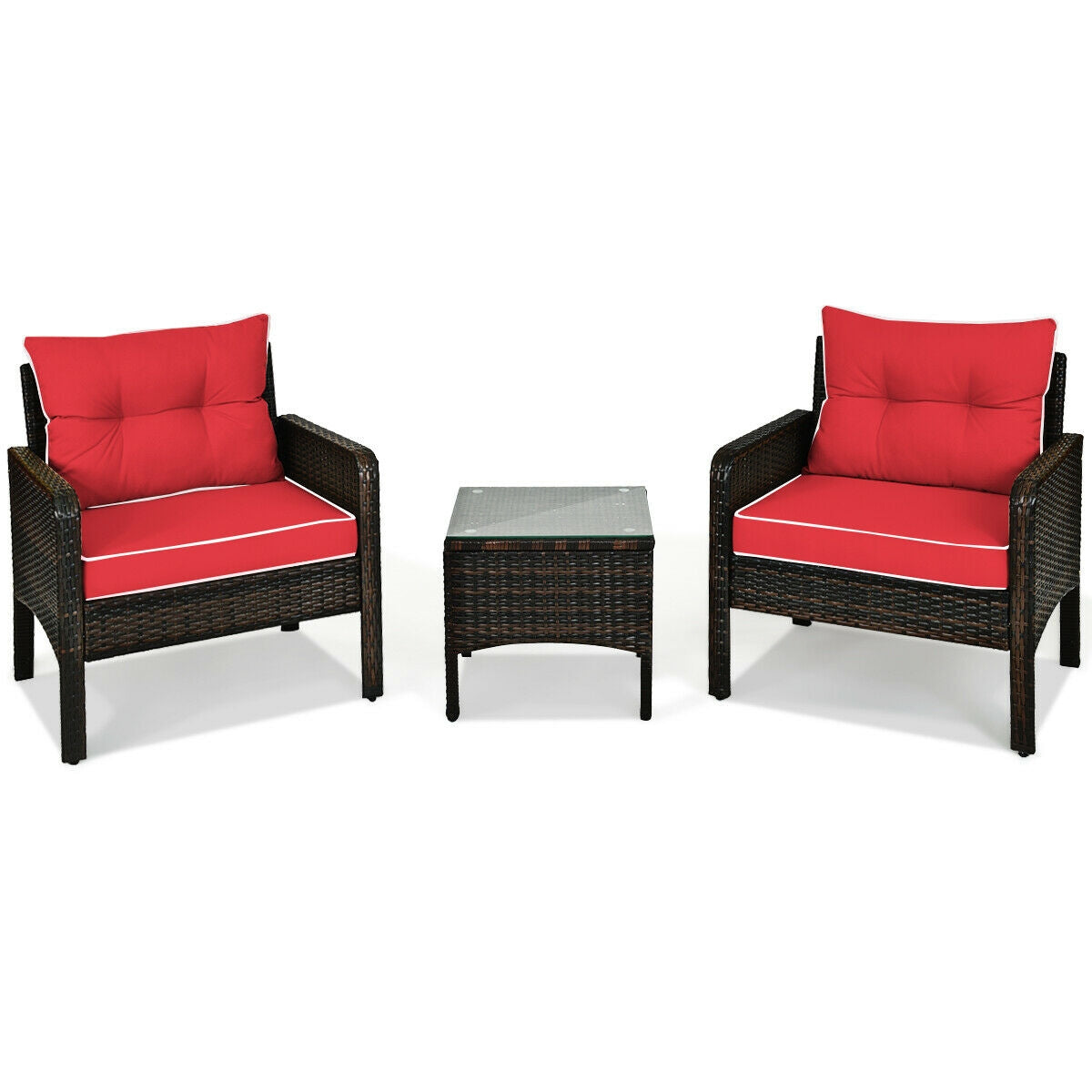 3 Pcs Outdoor Patio Rattan Conversation Set with Seat Cushions-Black - Red