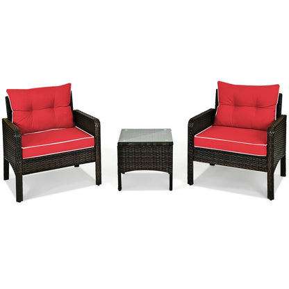 3 Pcs Outdoor Patio Rattan Conversation Set with Seat Cushions-Black - Red