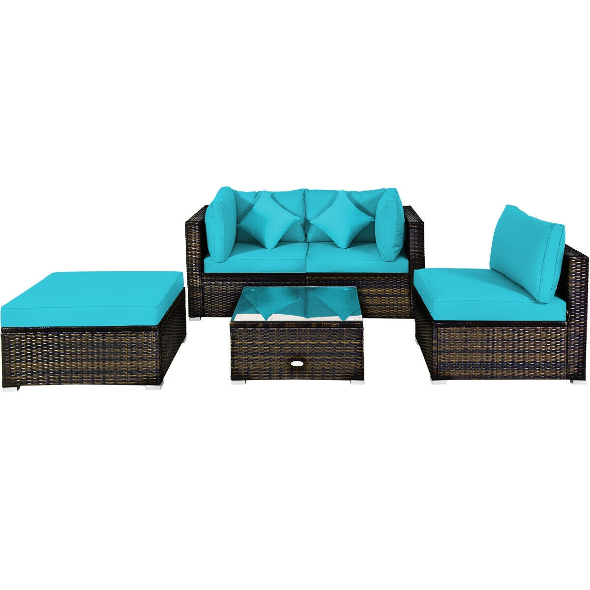 5 Pieces Outdoor Patio Rattan Furniture Set With Cushions-Beige - Turquoise