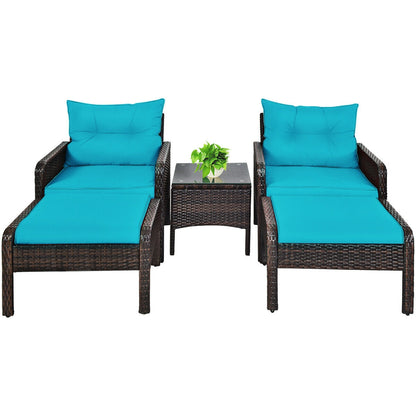 5 Pieces Patio Rattan Sofa Ottoman Furniture Set with Cushions-Navy - Default