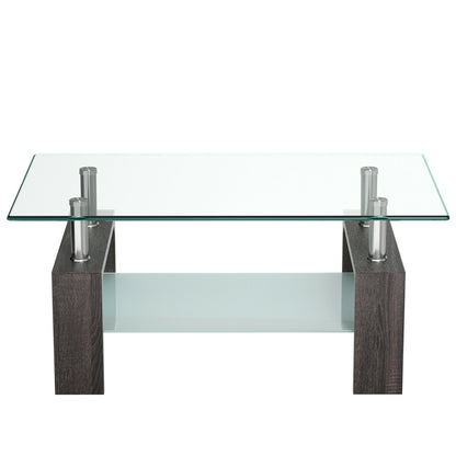 Rectangular Tempered Glass Coffee Table with Shelf-Black