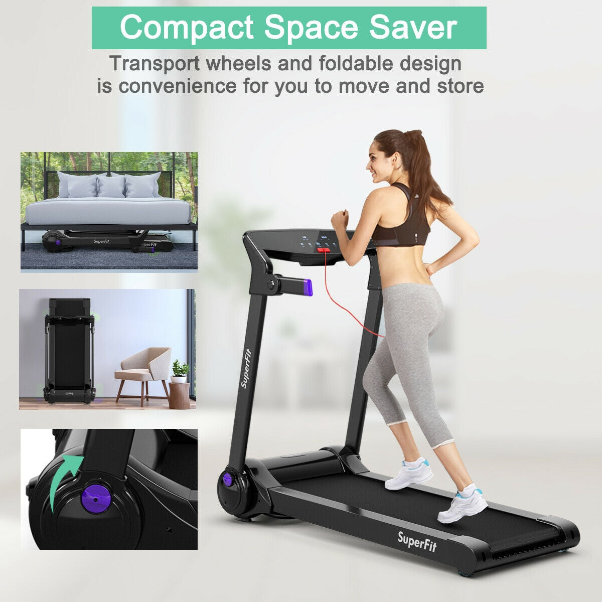 3HP Electric Folding Treadmill with Bluetooth Speaker-Silver - Purple