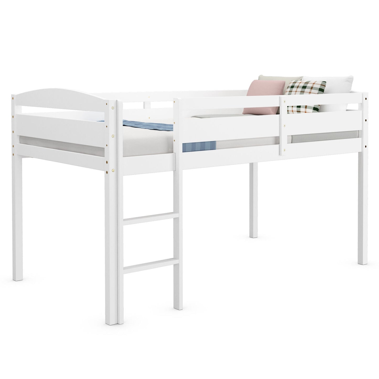 Wooden Twin Low Loft Bunk Bed with Guard Rail and Ladder-Dark Brown - White