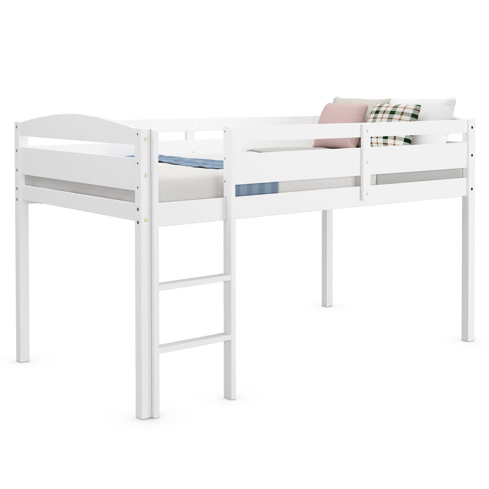 Wooden Twin Low Loft Bunk Bed with Guard Rail and Ladder-Dark Brown - White