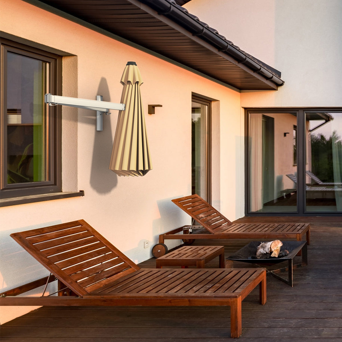 8ft Wall-Mounted Telescopic Folding Tilt Sun Shade Umbrella-Beige