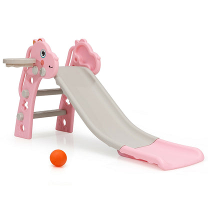 3-in-1 Kids Slide Baby Play Climber Slide Set with Basketball Hoop-Pink