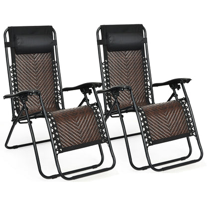 2 Pieces Folding Patio Rattan Zero Gravity Lounge Chair-Brown - Light Brown