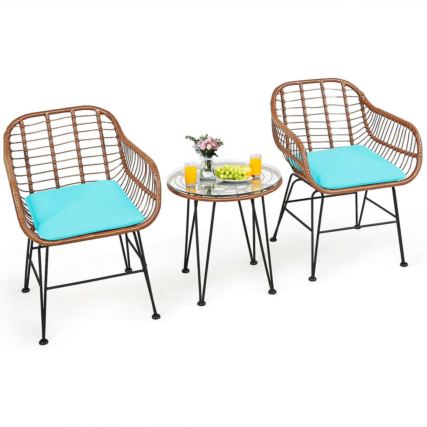 3-Piece Rattan Bistro Set with Cushions and Glass Table