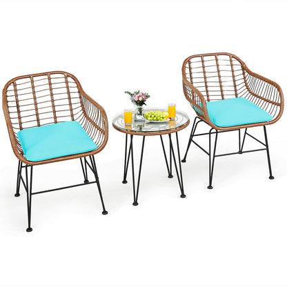3-Piece Rattan Bistro Set with Cushions and Glass Table