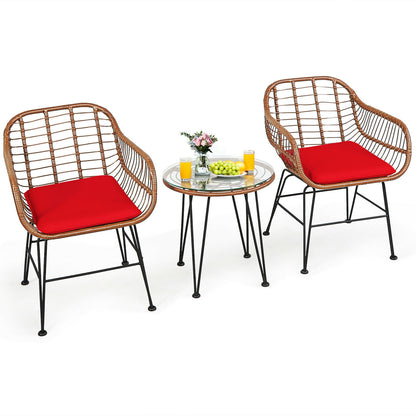 3-Piece Rattan Bistro Set with Cushions and Glass Table