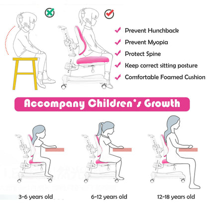 Adjustable Height Student Chair with Sit-Brake Casters and Lumbar Support for Home and School