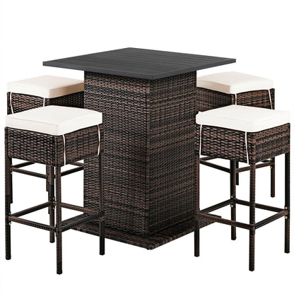 5 Pieces Patio Rattan Bar Table Stool Set Hidden Storage Shelf Cushioned-White - White