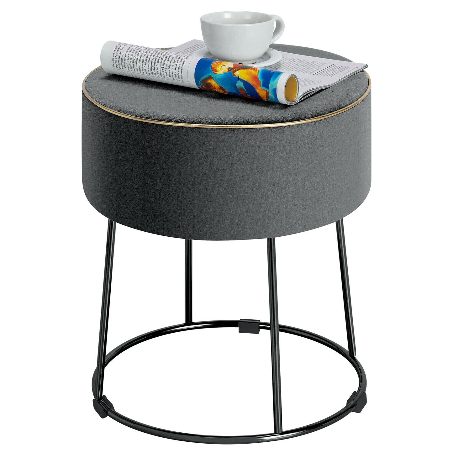 Round Velvet Footrest Stool Ottoman with Non-Slip Foot Pads for Bedside-Gray