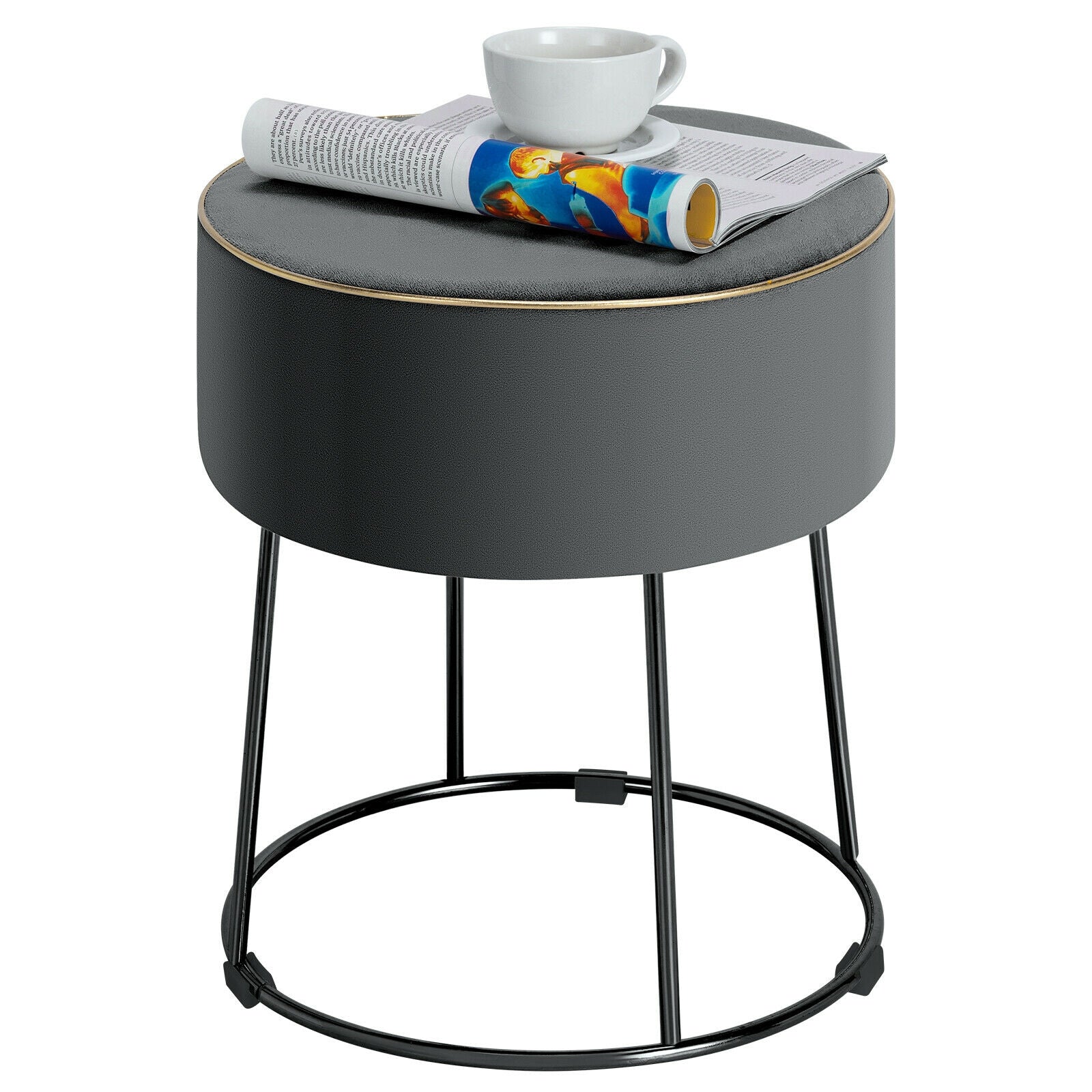 Round Velvet Footrest Stool Ottoman with Non-Slip Foot Pads for Bedside-Gray