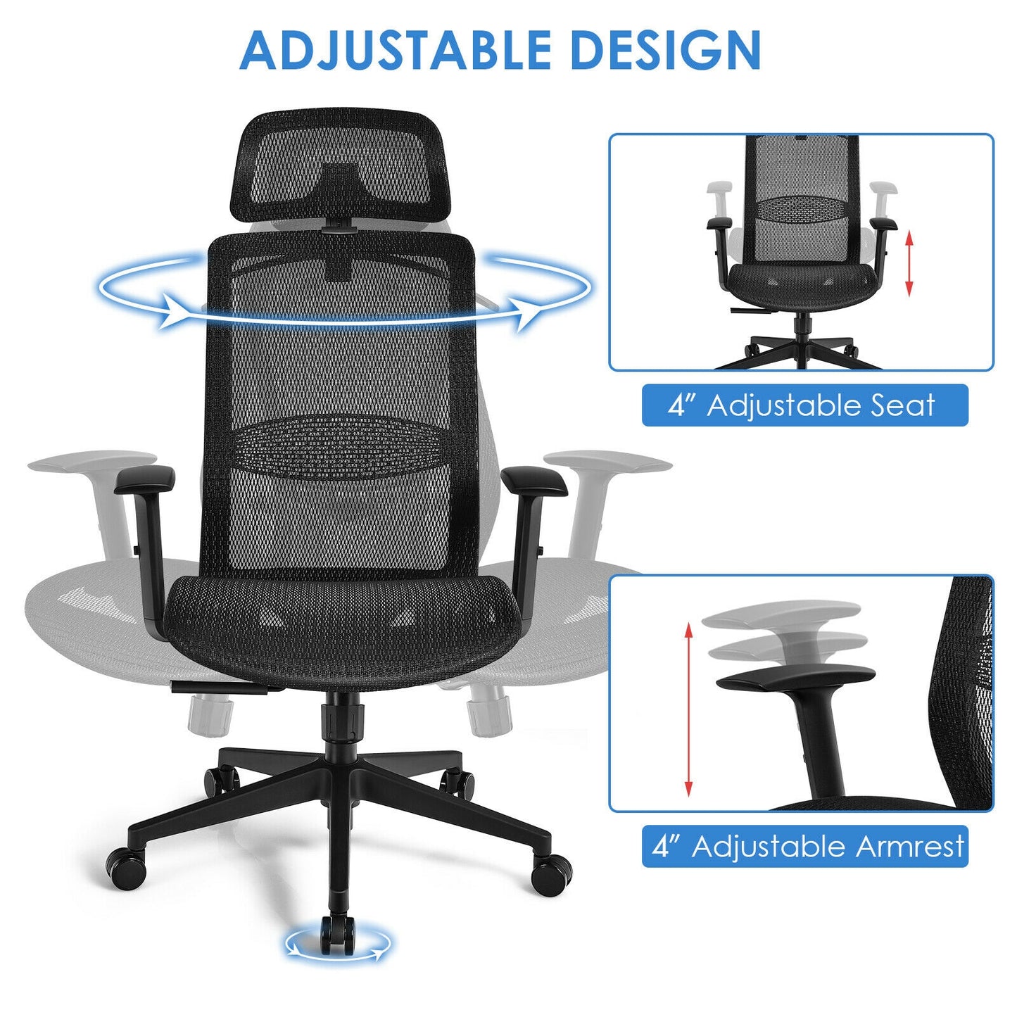 Height Adjustable Ergonomic High Back Mesh Office Chair with Hange-Black