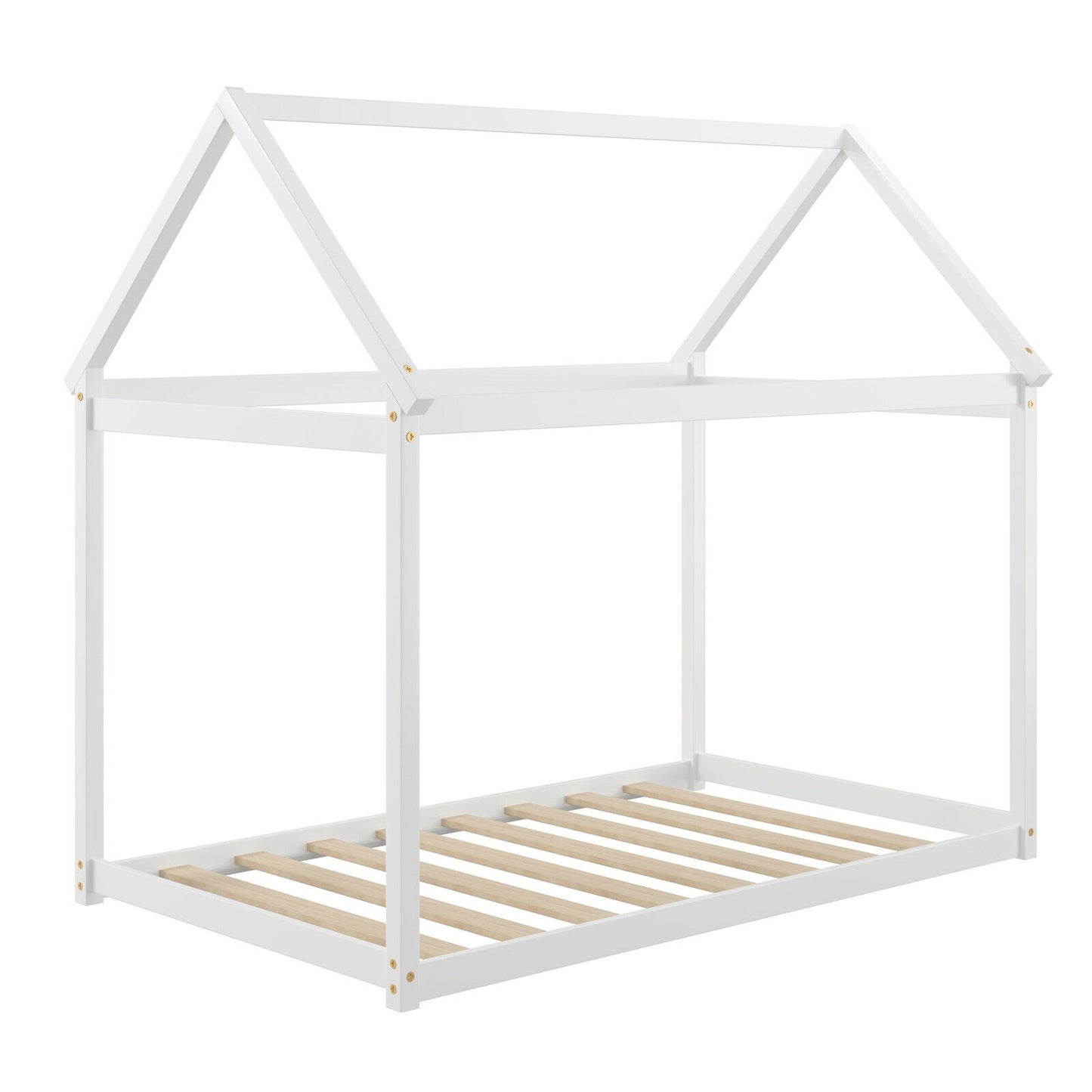 Stable Kids Platform Floor Bed with Roof ang Heavy-Duty Slats-White - White