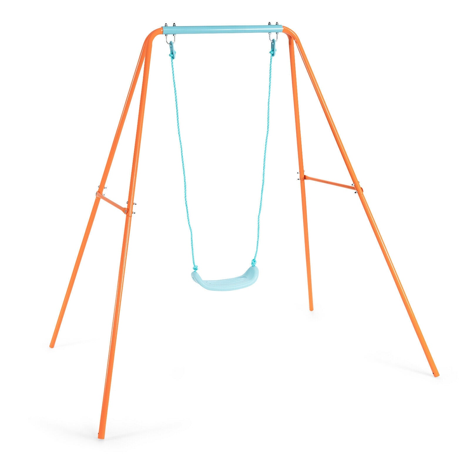 Outdoor Kids Swing Set with Heavy-Duty Metal A-Frame and Ground Stakes-Blue - Orange