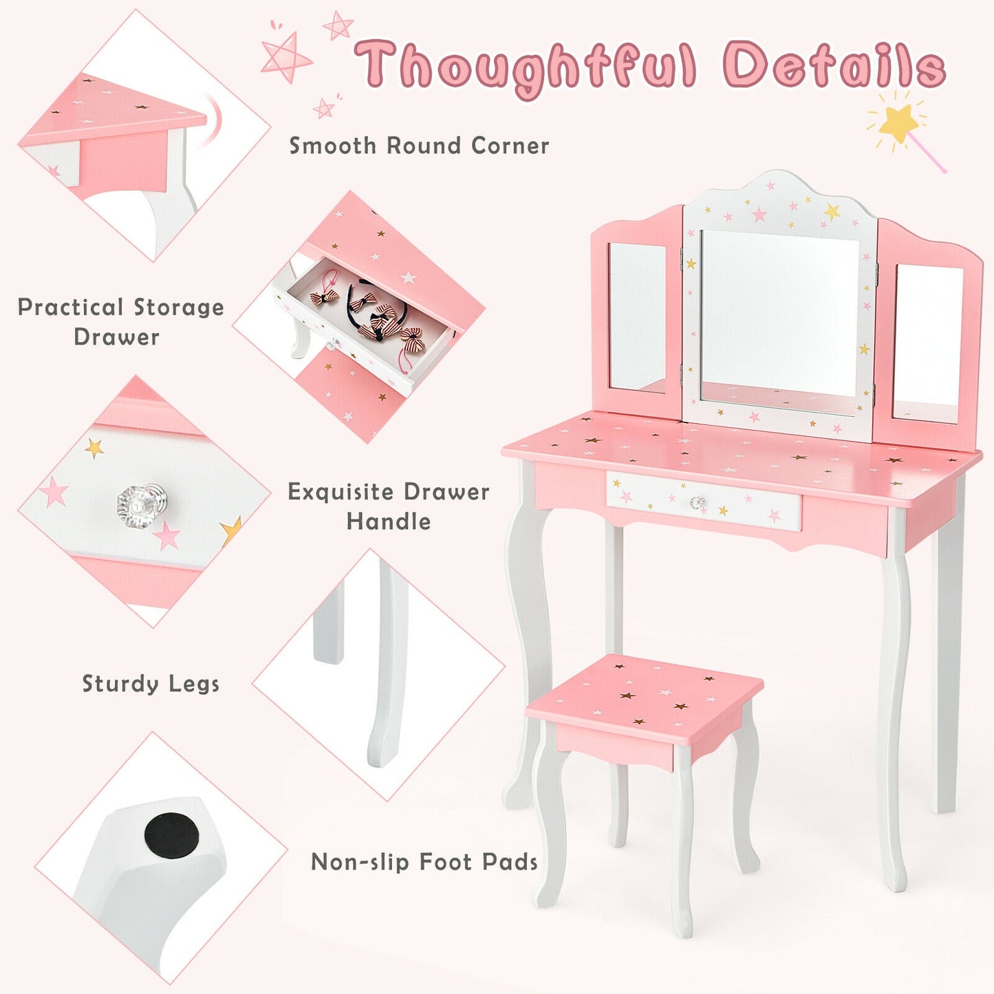 Kids Princess Vanity Table and Stool Set with Tri-folding Mirror and Drawer