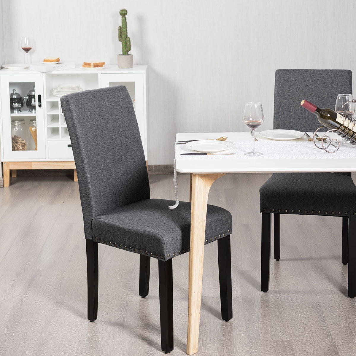 Set of 2 Fabric Upholstered Dining Chairs with Nailhead