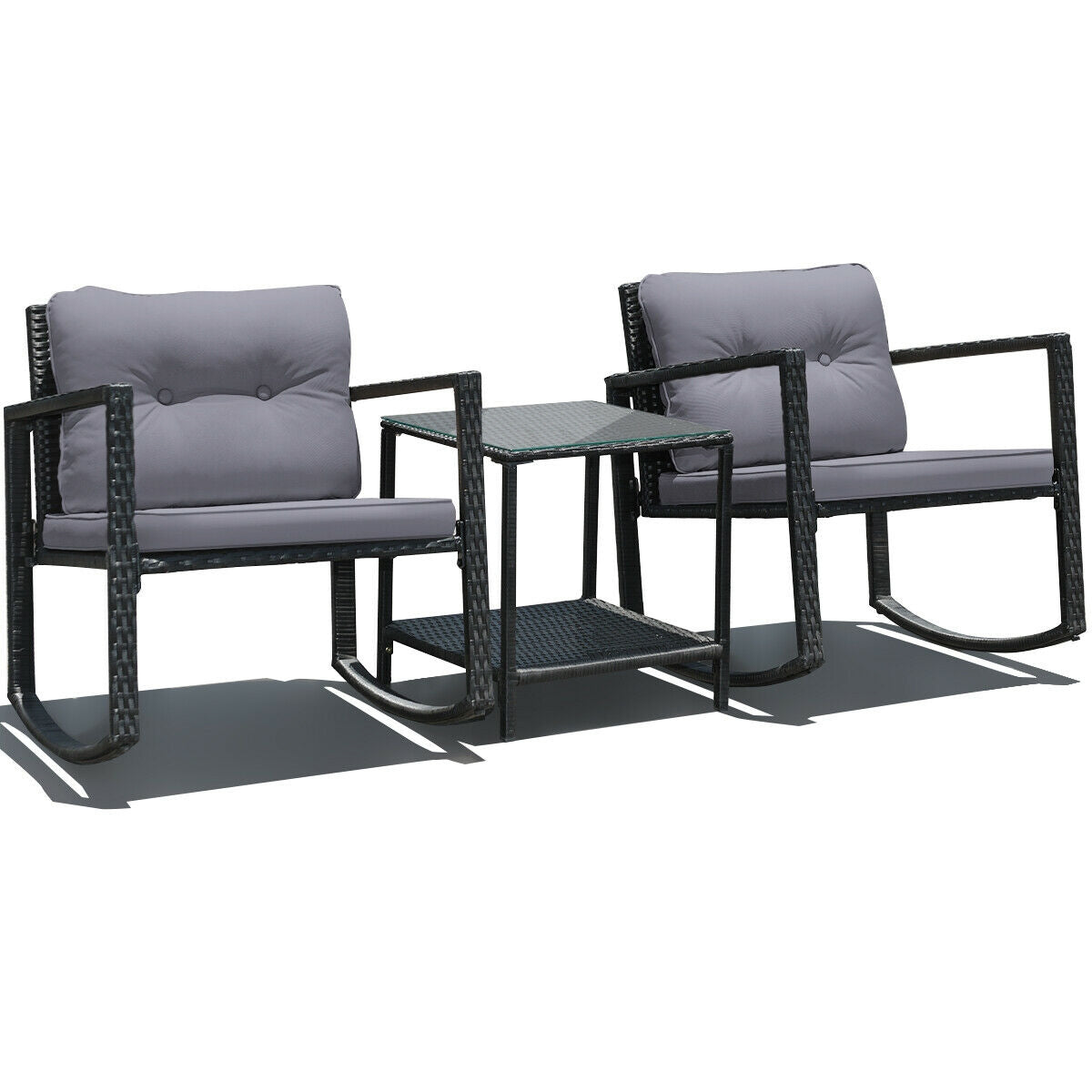 3 Pcs Patio Rattan Set Rocking Chair Cushioned Sofa Garden Furniture-Navy - Gray