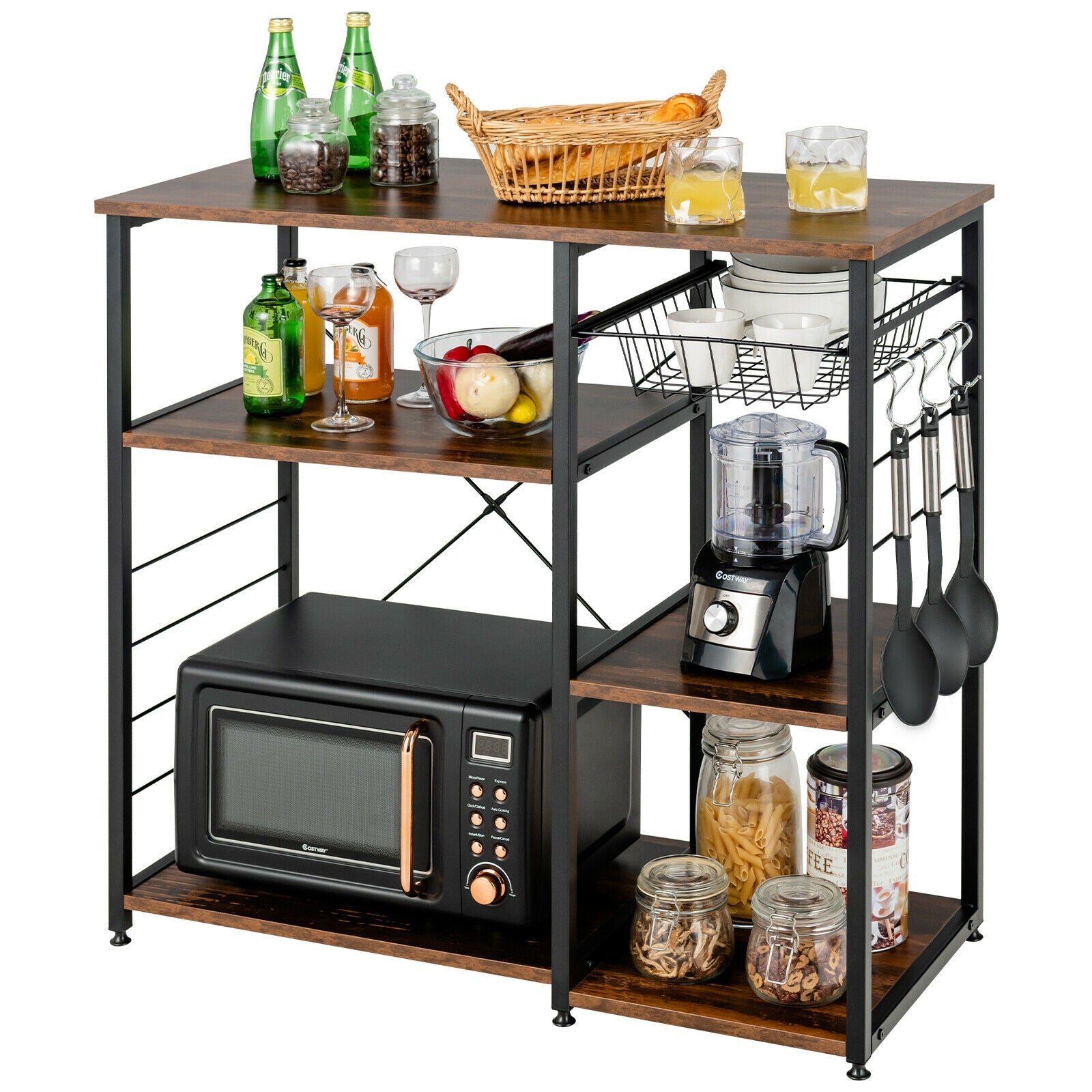 Industrial Kitchen Baker's Rack Microwave Shelf with 6 Hooks