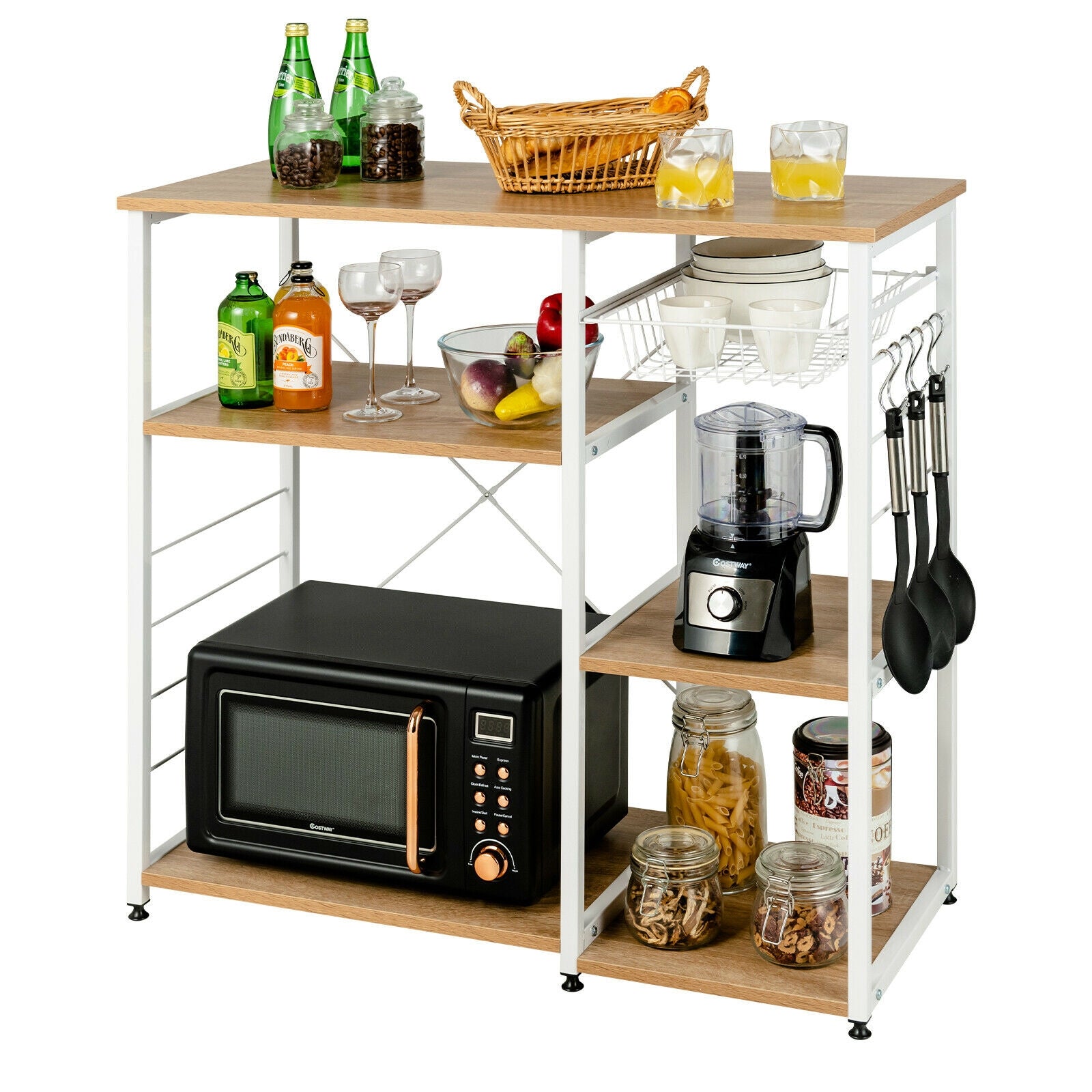 Industrial Kitchen Baker's Rack Microwave Shelf with 6 Hooks