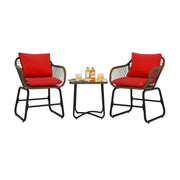 3 Pieces Patio Rattan Bistro Set Cushioned Chair Glass Table Deck-Red