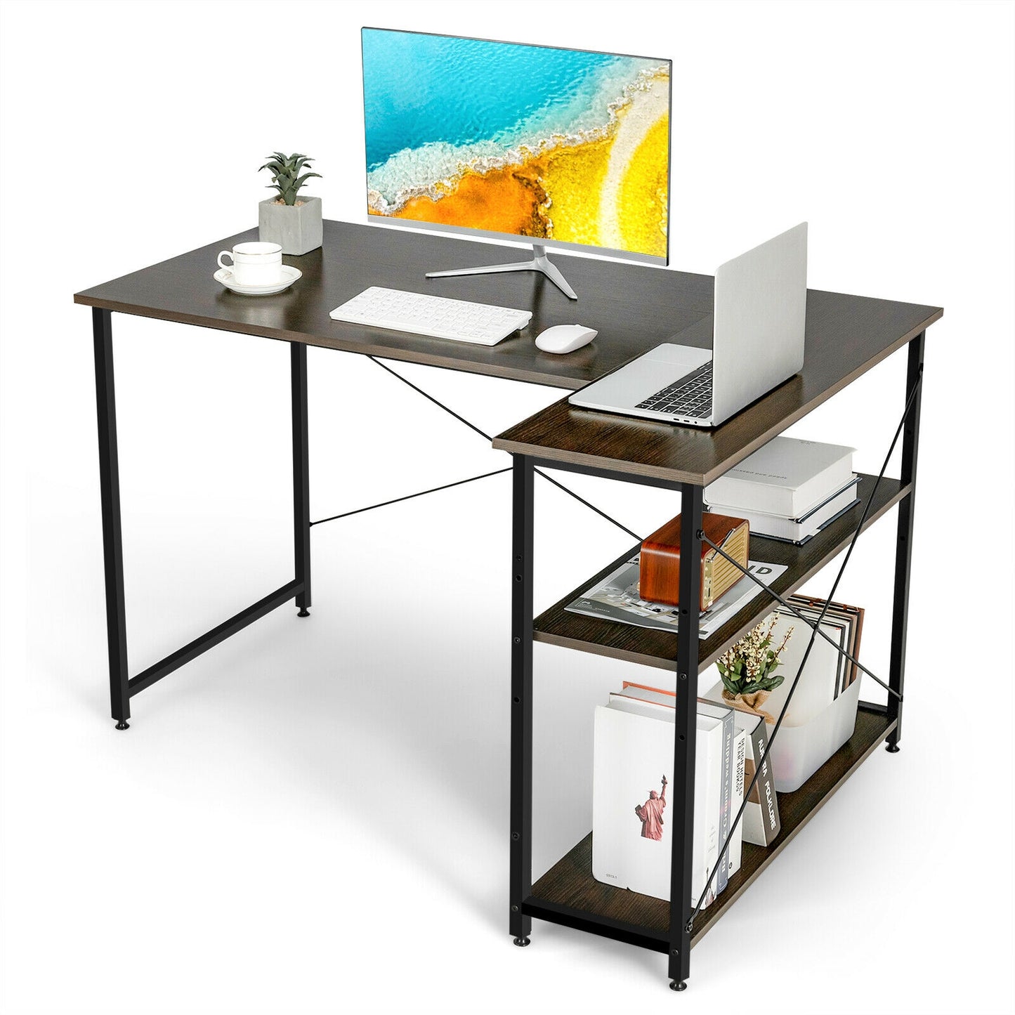 48 Inch Reversible L Shaped Computer Desk with Adjustable Shelf-Brown