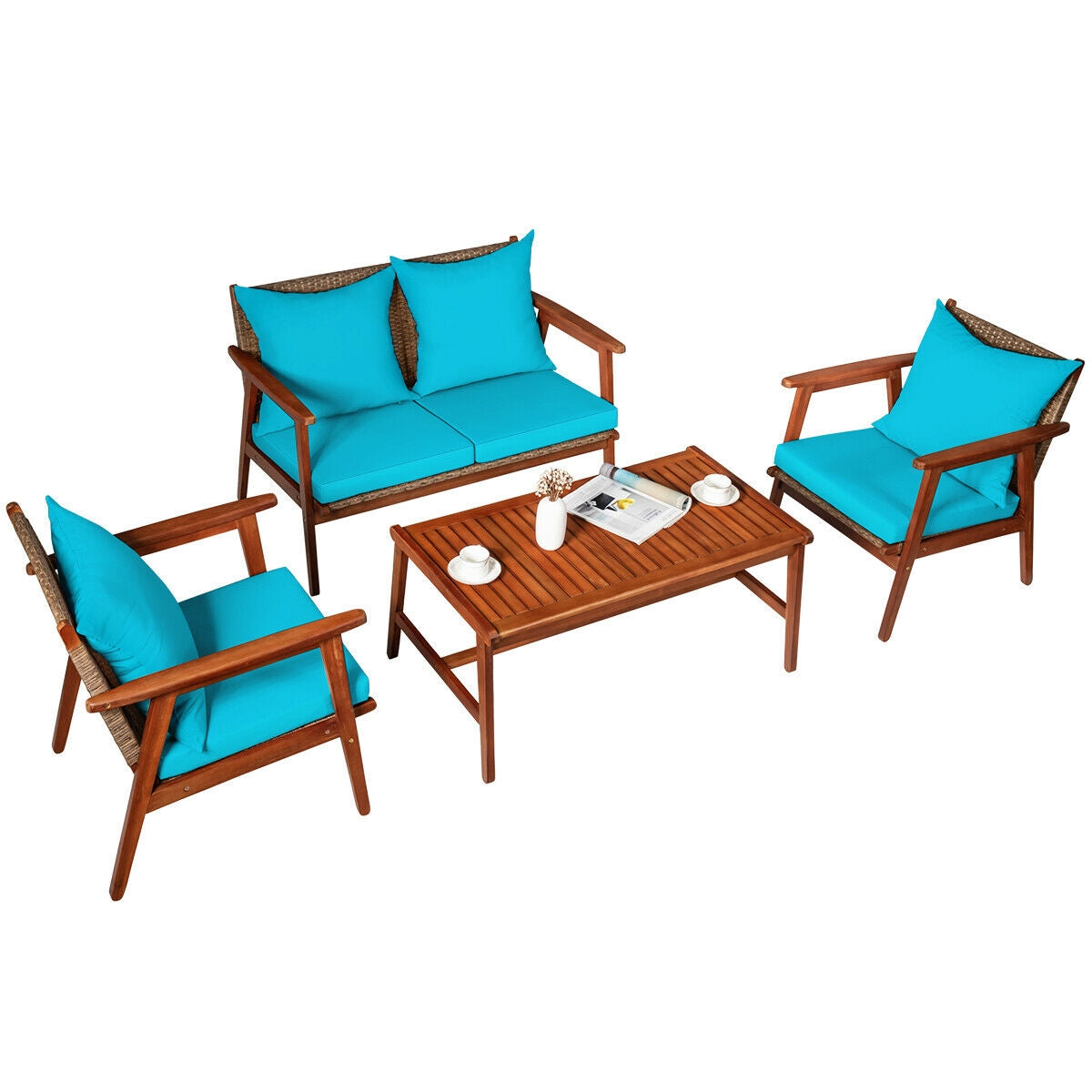 4 Piece Acacia Wood Patio Rattan Furniture Set-Navy - Turquoise