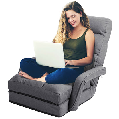 Folding Lazy Floor Chair Sofa with Armrests and Pillow-Gray