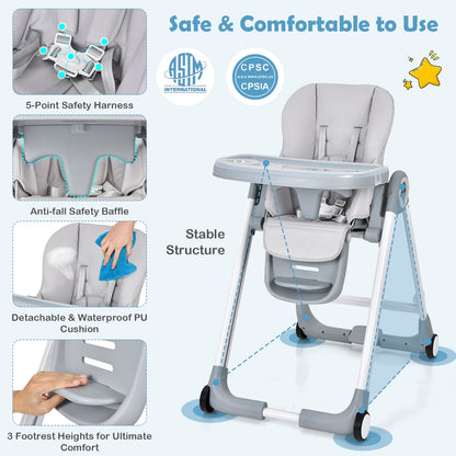 Baby Folding Convertible High Chair with Wheels and Adjustable Height-Gray