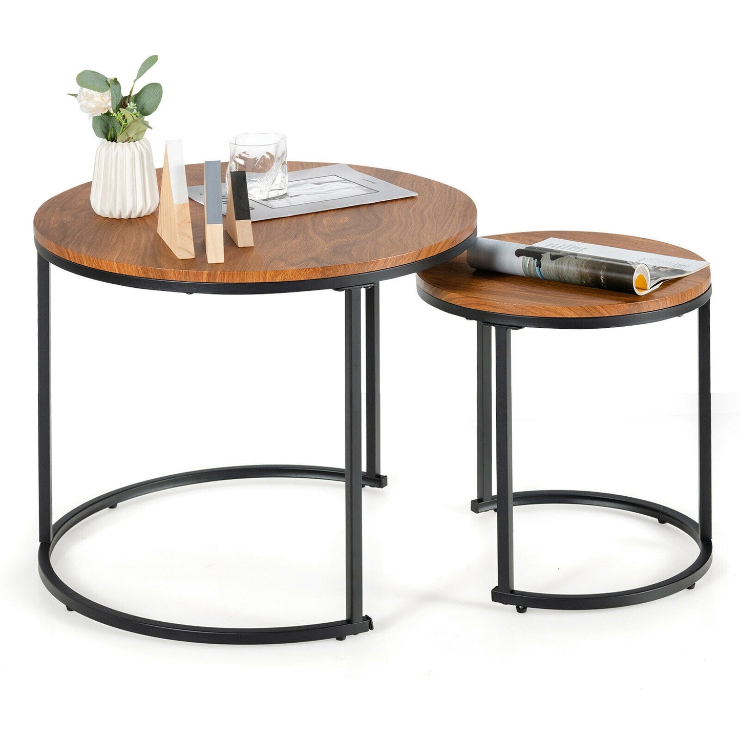 Set of 2 Modern Round Stacking Nesting Coffee Tables for Living Room-Light Brown