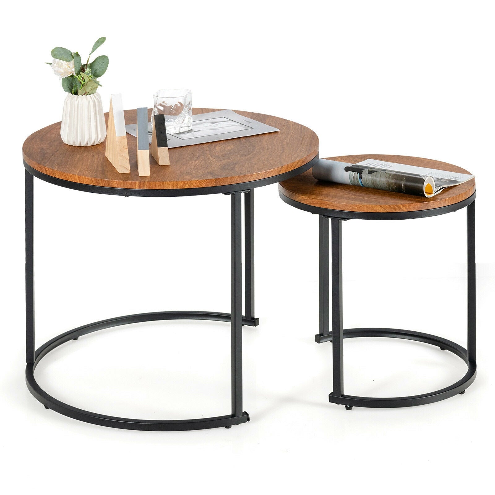 Set of 2 Modern Round Stacking Nesting Coffee Tables for Living Room-Light Brown