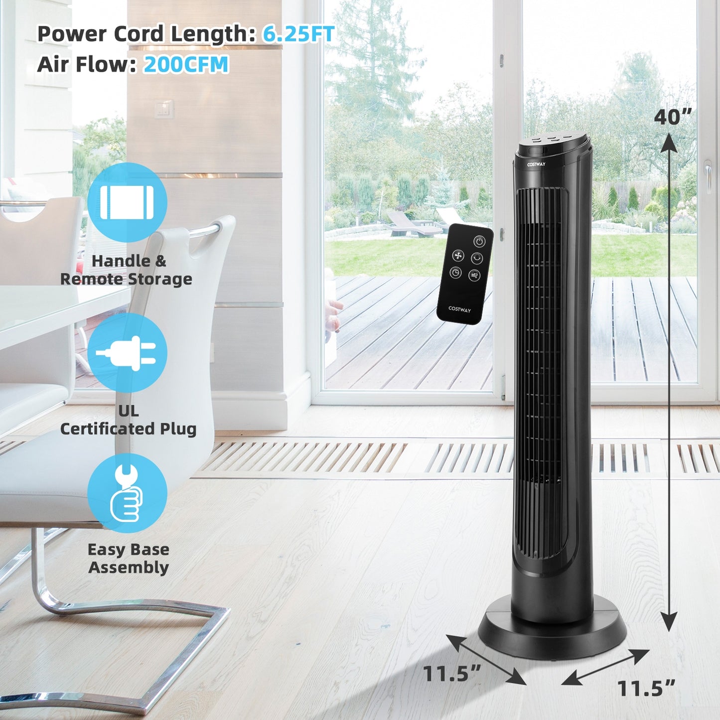 40 Inch Tower Fan with Remote 75Àö Oscillating Fan with 3 Wind Modes and 4 Wind Speeds-Black