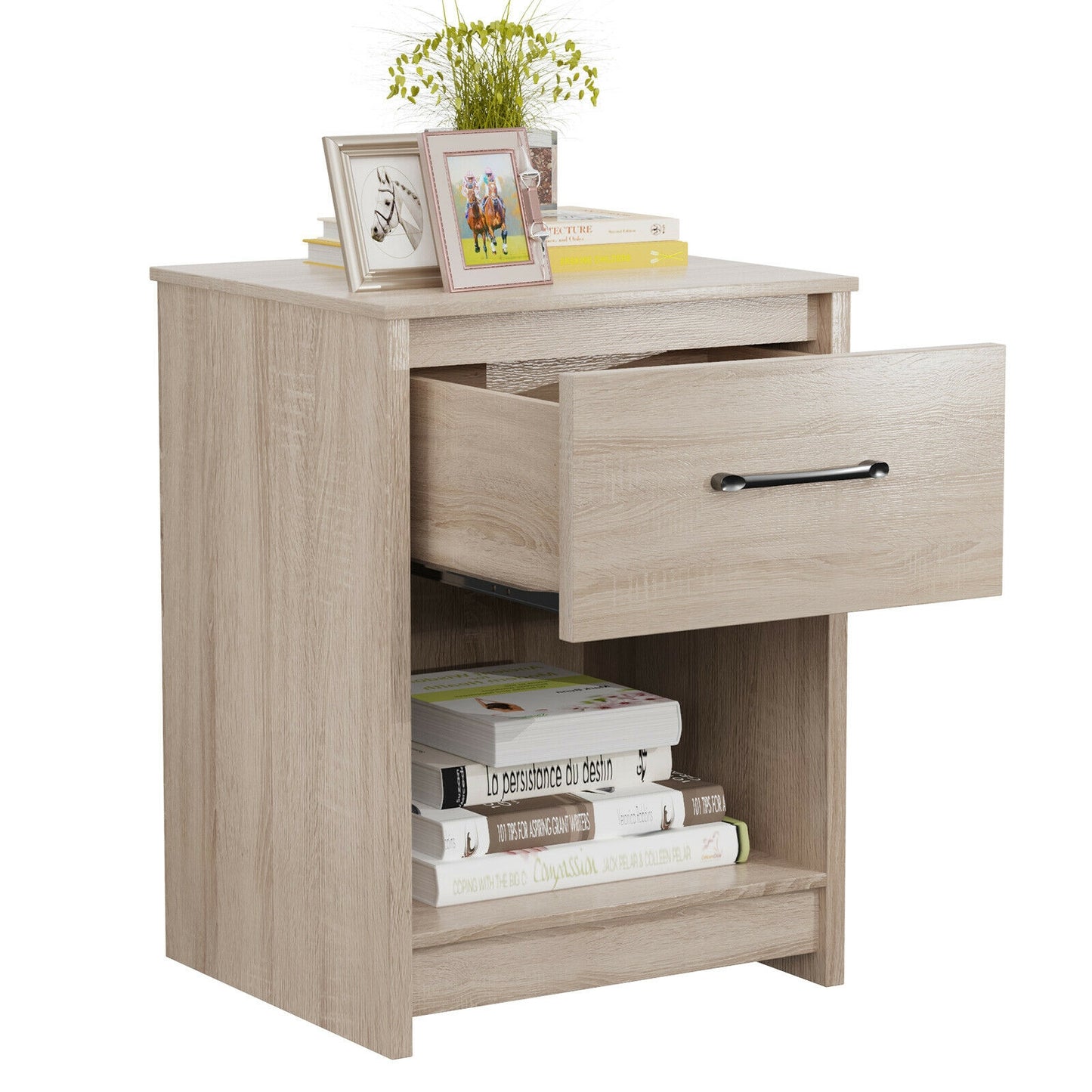Wooden Nightstand with Drawer and Open Storage Compartment-Natural
